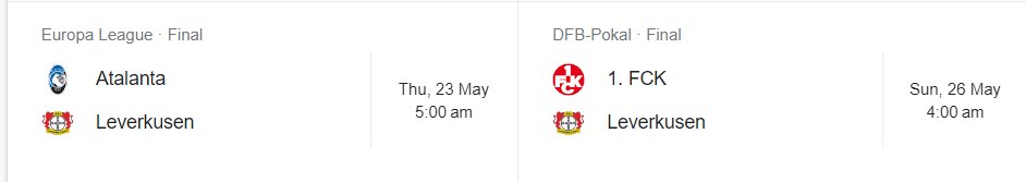 Leverkusen won the Bundesliga, for the first time in their 120 year history, undefeated.

They are in the European League cup final on Thursday and the DFB Pokal (German FA Cup) on Sat.

Win those two and they are undefeated in all competitions all season.

Absurd.