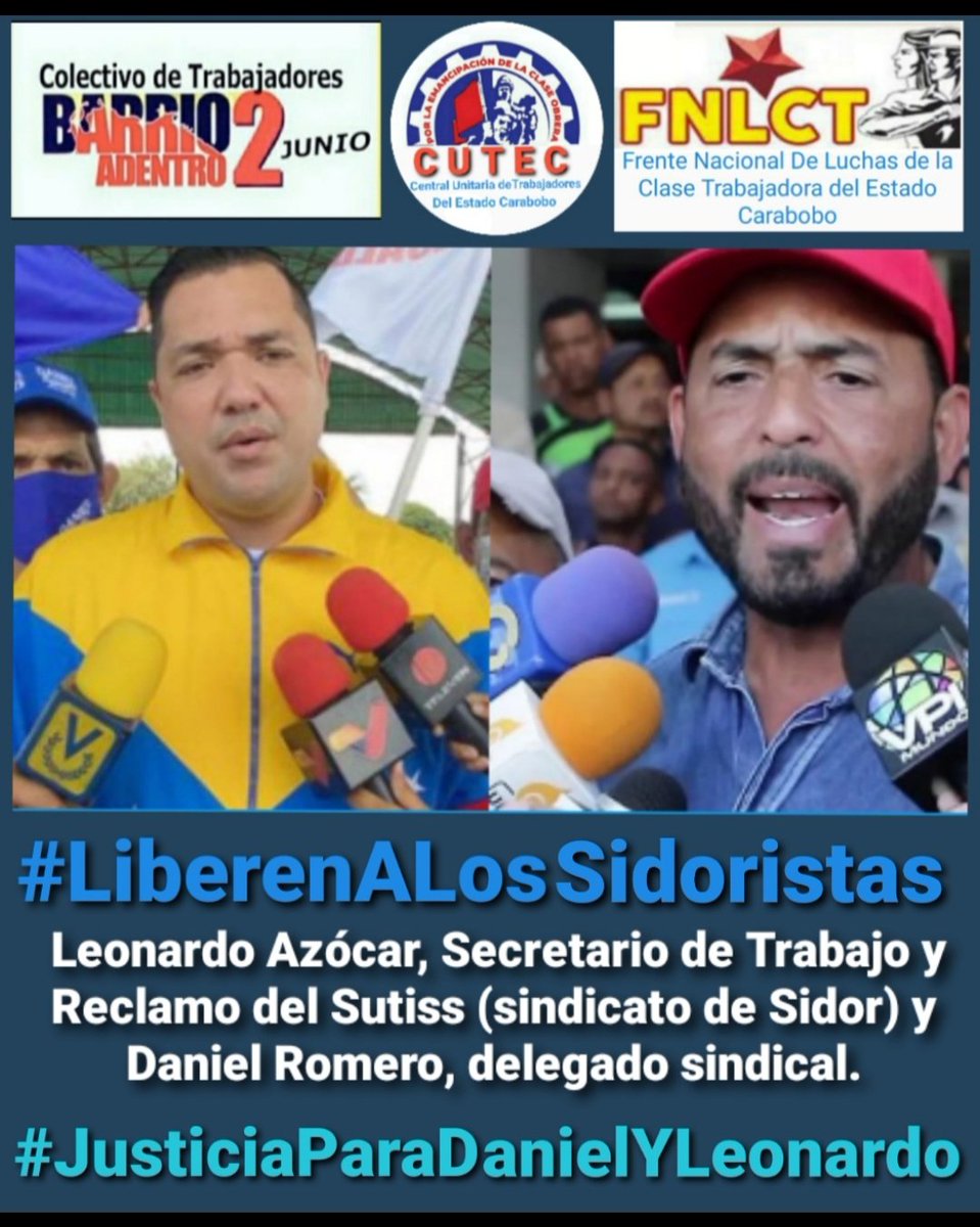 🧐☝🏻 El @Colectivo2Junio El @FNLCT @CUTV_Venezuela y la #CUTEC #Carabobo se unen a las exigencias de la Clase Obrera y Trabajadora que gritan Indignados: ¡No a la Judicialización de las luchas del Pueblo Trabajador! #JusticiaParaDanielYLeonardo #LiberenALosSidoristas 💥⚖🇻🇪✊🏼