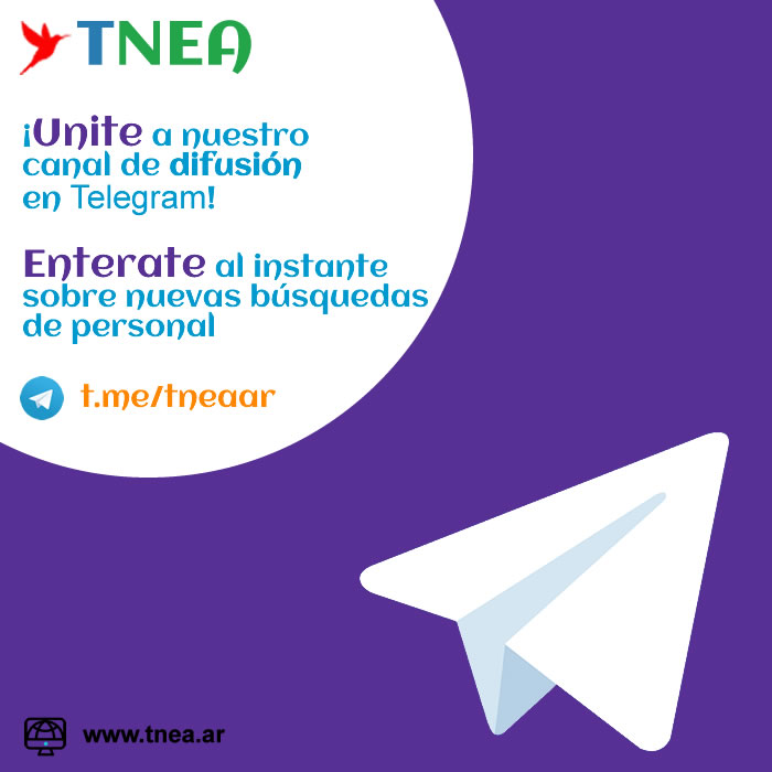 ⚠️ ¡UNITE a nuestro canal de 📢difusión en Telegram!
ENTERATE al instante sobre nuevas búsquedas de personal

⤵️ Instalá Telegram en tu móvil: bit.ly/3nR9vmO y sumate al canal: ➡ t.me/tneaar

#TNEA #Corrientes #Chaco #Formosa #Misiones #empleoar