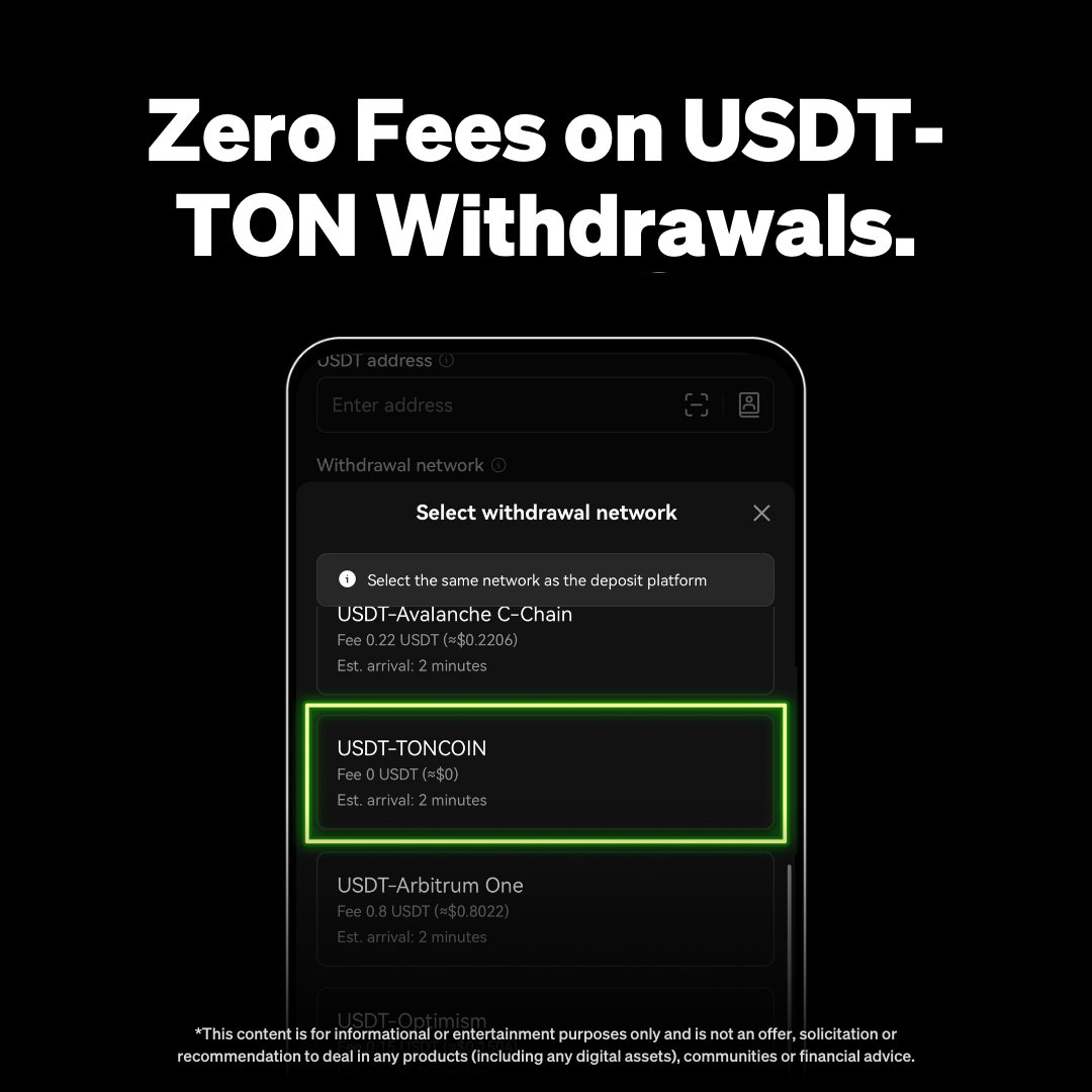 We are proud to be 𝐭𝐡𝐞 𝐟𝐢𝐫𝐬𝐭 crypto exchange that allows you to  withdraw $USDT on the @ton_blockchain with 𝗭𝗘𝗥𝗢 fees 💎 Dive in now ➡️  https://t.co/esVAtUbufc