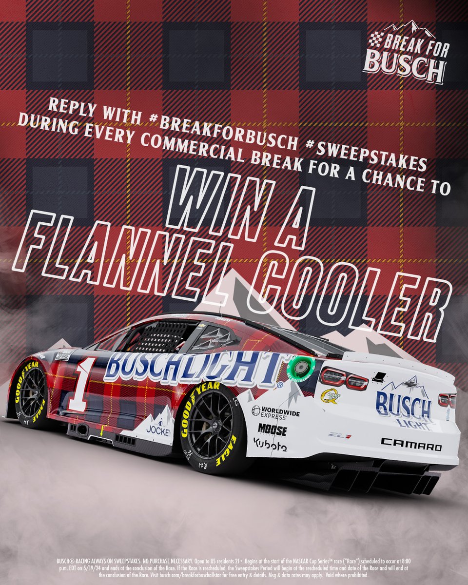 THE FASTEST FLANNEL YOU’VE EVER SEEN💨 ​ REPLY NOW using #BreakForBusch #Sweepstakes for a chance to win a limited-edition FLANNEL COOLER. #AllStarRace ​@NWBSpeedway
