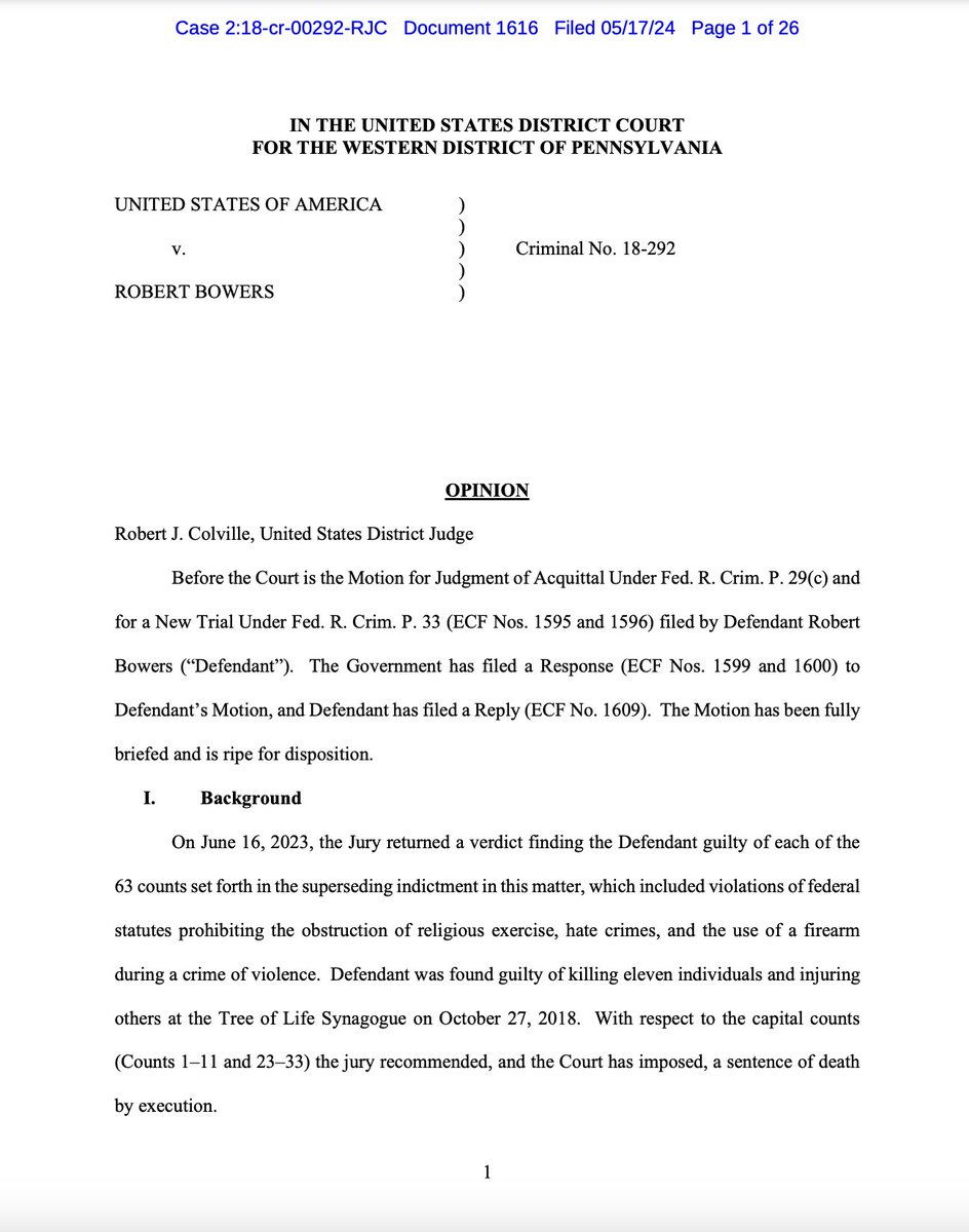 Here is the federal trial court's ruling denying Robert Bowers' motion for a new trial in the Pittsburgh synagogue death penalty case. deathpenaltypolicy.org/wp-content/upl… @Atlantic_Ctr @padp_org