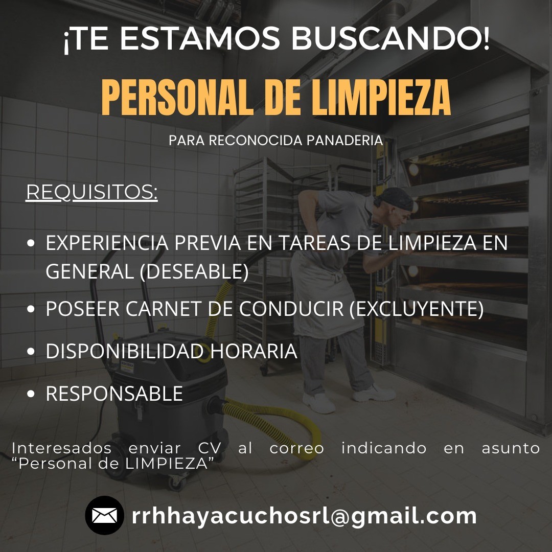 🟤⚪️ #CORRIENTESCAPITAL - Reconocida Panadería busca #PERSONAL DE #LIMPIEZA

👉 Enviar CV a: 📧 rrhhayacuchosrl@gmail.com indicando en el Asunto: ▪Personal de LIMPIEZA ▪

#TNEA #Corrientes #empleoar #trabajoar