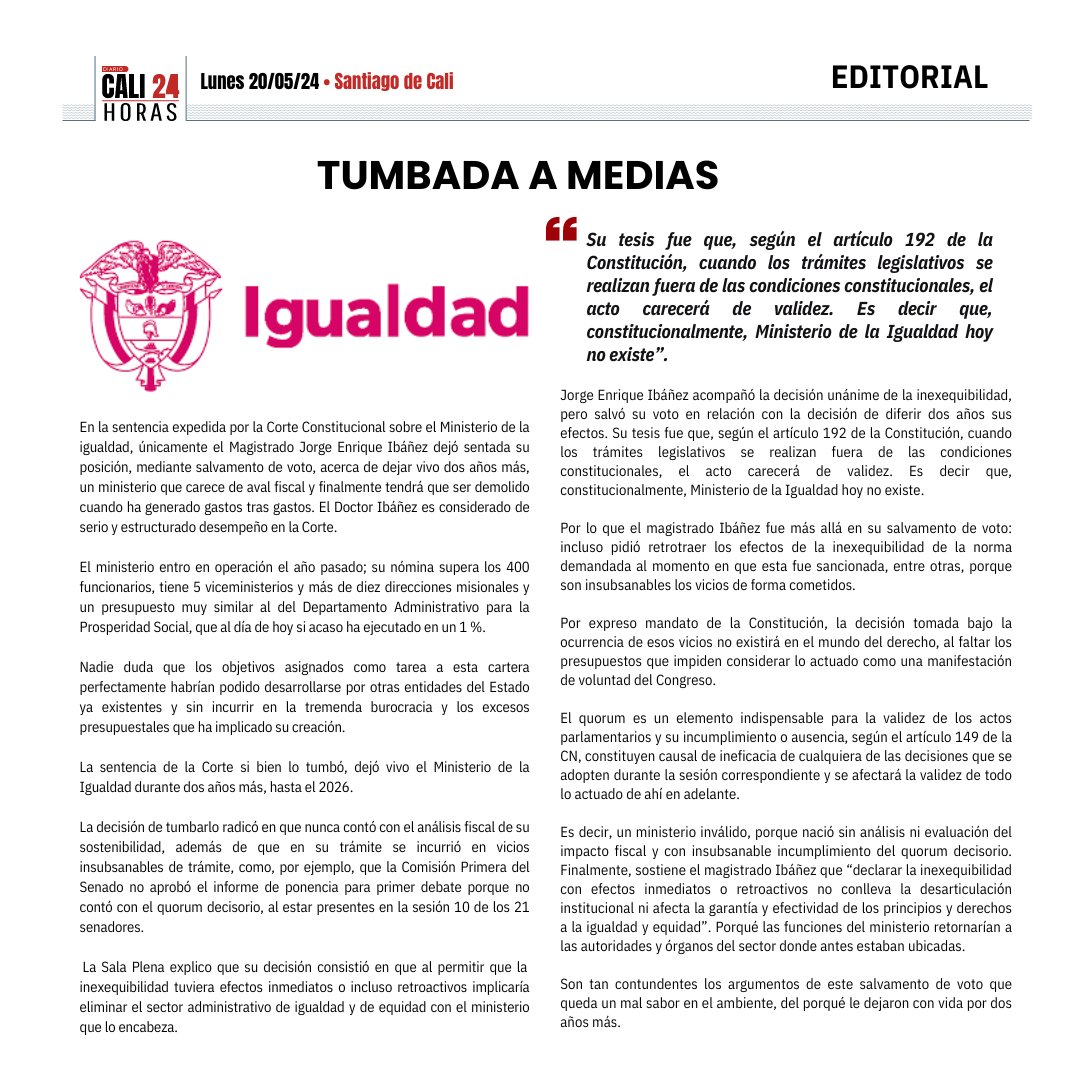 Los invitamos a leer el editorial de hoy de Cali24Horas 'TUMBADA A MEDIAS' #MinisterioDeLaIgualdad #GobiernoNacional.