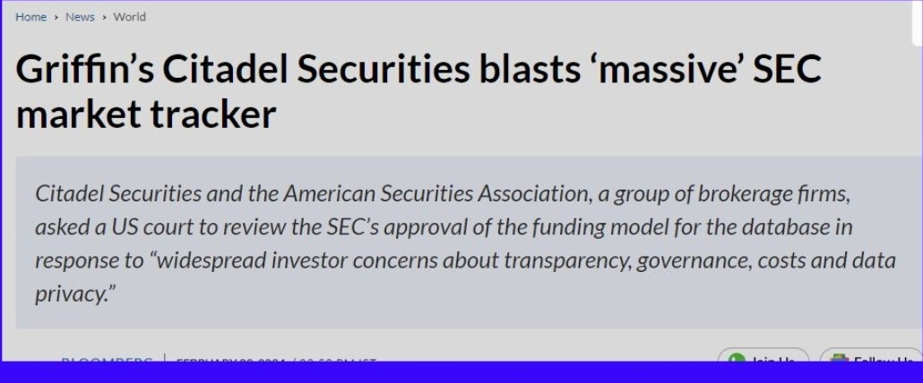 @Franks_Place_ Griffin’s Citadel Securities Blasts ‘Massive’ SEC Market Tracker It’s ‘unprecedented government surveillance,’ firm tells court 📢📢📢🚨🚨🚨🚨 HEY KEN I HAVE A FEW QUESTIONS FOR YOU, JUST CURIOUS??? 1) Can Ken Griffin explain why he pays Robinhood 800 million for
