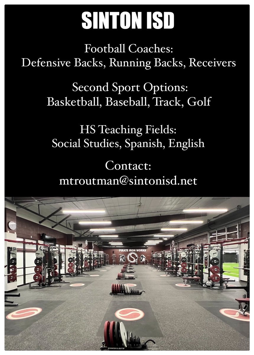 Michael Troutman (@coachmtroutman) on Twitter photo Other position available:
Girls Assistant Basketball and Track
Contact: mtroutman@sintonisd.net Other position available:
Girls Assistant Basketball and Track
Contact: mtroutman@sintonisd.net