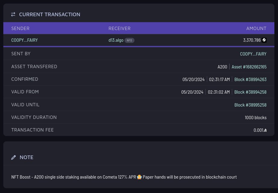 🧚‍♀️ The COOPY..FAIRY delivered the NFT Boost A200 airdrop 🪄

500,000 A200 was allocated, 450,561.64 was delivered to NFT owners who were opted in.

Things to do with your A200:

A200 / ALGO Tinyman farm: 73% APR
A200 / gALGO Tinyman farm: 106% APR
Cometa A200 farm: 127% APR (30
