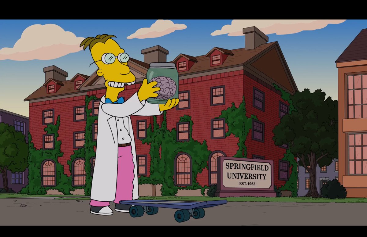 A little strange that Frink was shocked to see the brain of Corbin Everly outside the university when he also saw it in church earlier that day. (Maybe he was thinking about science or something.) @TheSimpsons