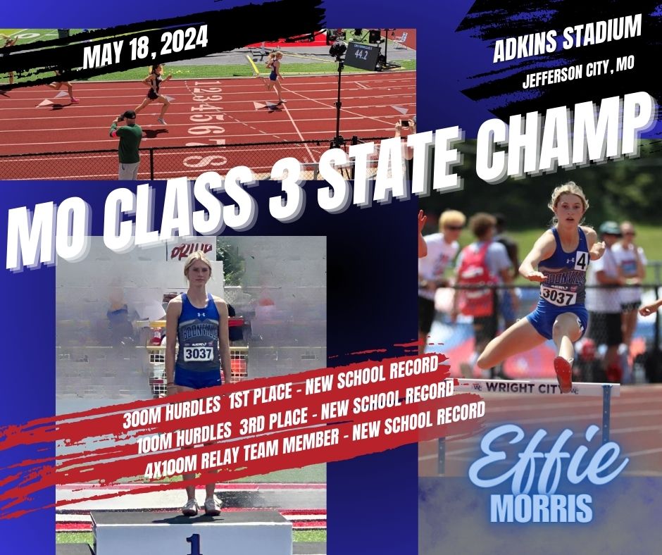 👟👟👟 We'd be amiss not to give a huge shout out to our very own STATE CHAMPION!  Effie Morris broke school records, and then her own records, all season long, and ended a great year as the Class 3 300m Hurdle Missouri State Champion!  Effie also placed third in 100m Hurdles and