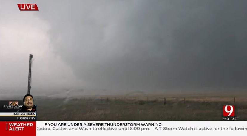 Picture is from 9NEWS media of the tornado in that tornado emergency, some spotters are saying a half a mile wide wedge. Be safe #wxtwitter