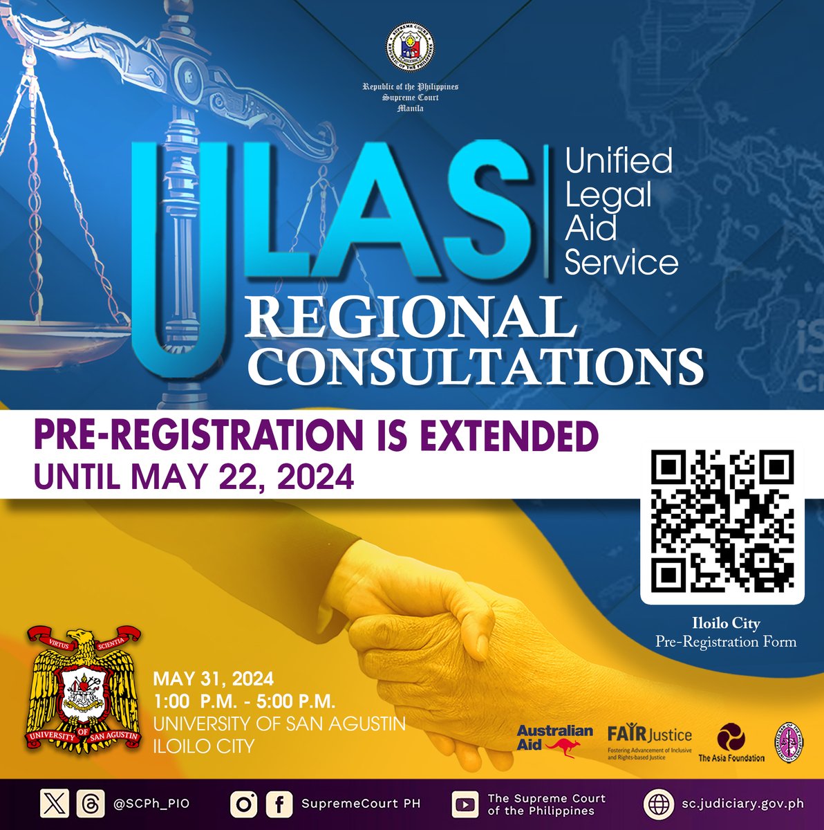 Pre-registration for the Unified Legal Aid Service (ULAS) Regional Consultations in ILOILO CITY is EXTENDED until May 22, 2024. Do not miss the chance to pre-register by scanning the QR code or clicking the following link: forms.office.com/r/DZLE5T2m7p. #ULASRegionalConsultations