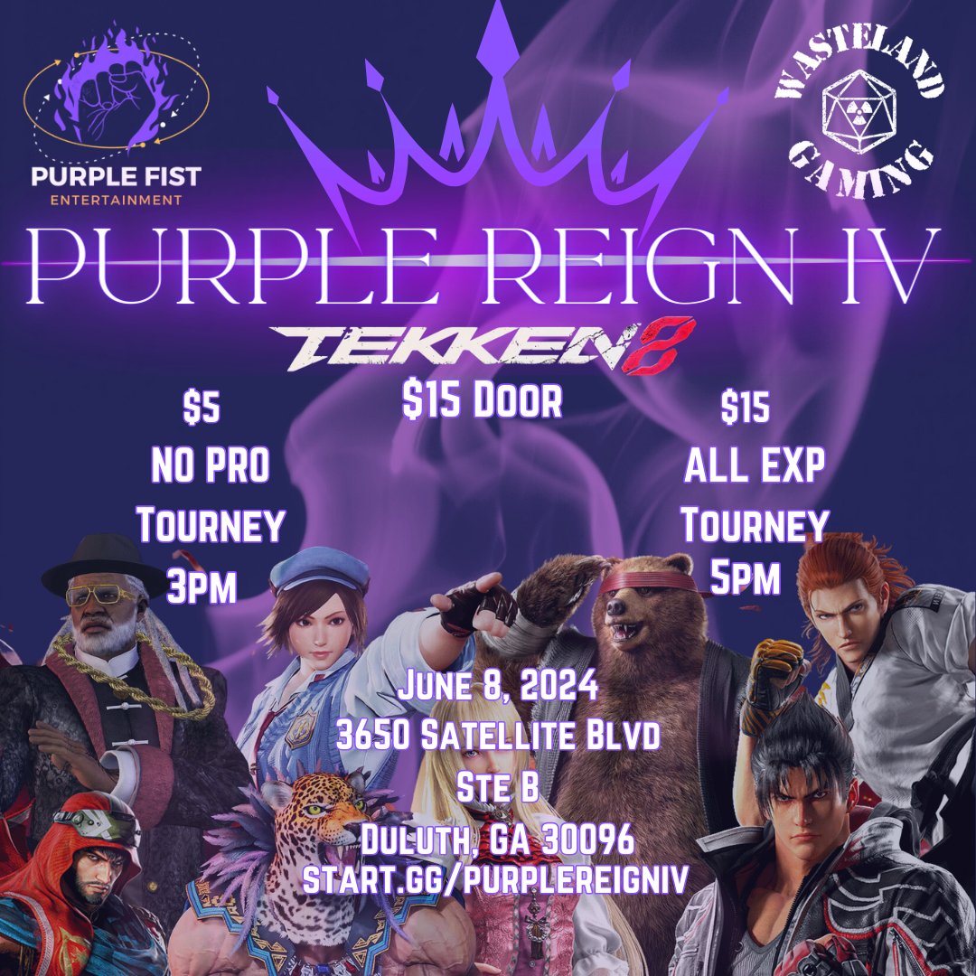 It's here! Purple Reign IV will take place June 8 at @wasteland_gaming. This time around, we are calling all Tekken 8 players.