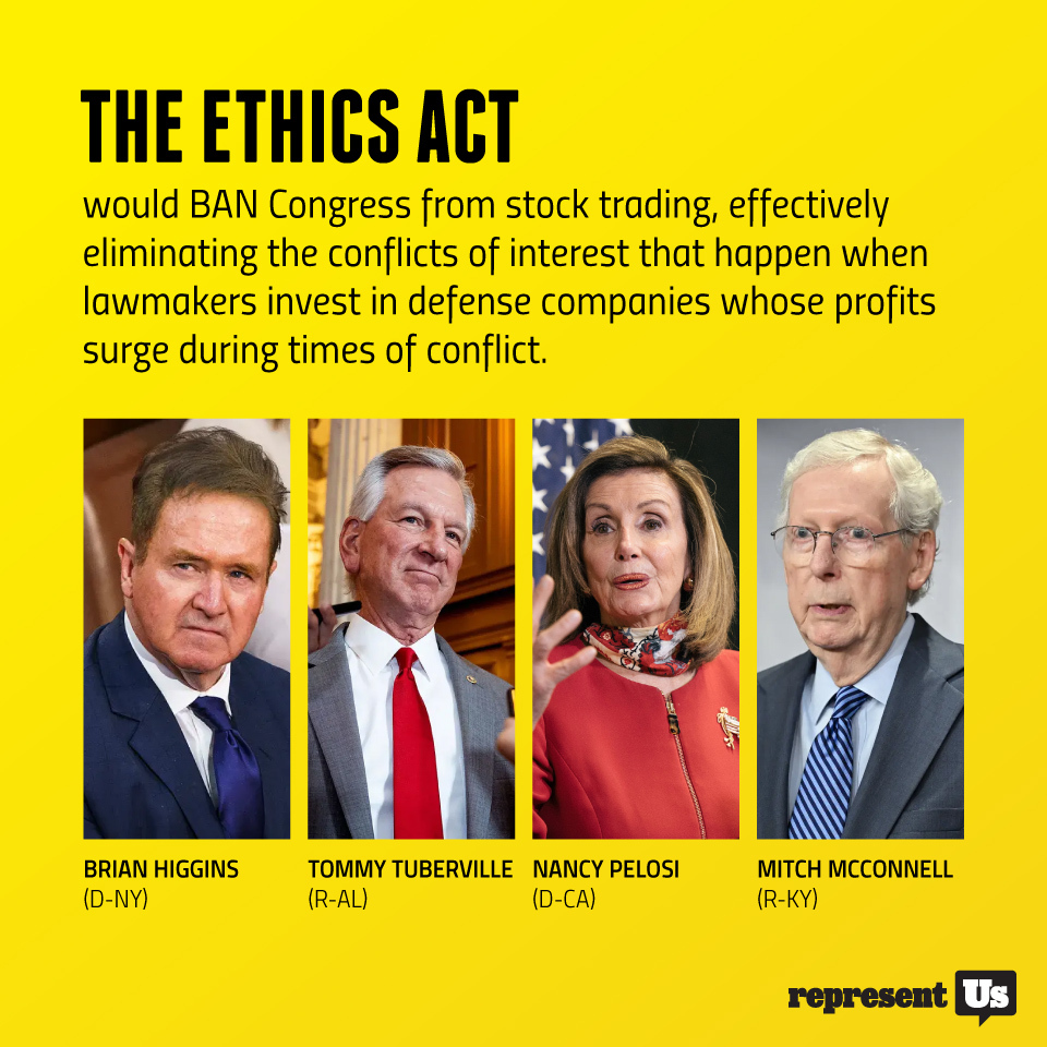 We REFUSE to live in a system where lawmakers can PROFIT from war. 🚨 We're battling to pass the ETHICS Act, slamming the door on Congress's stock trading. 🚫 When lawmakers invest in defense companies, their pockets get lined. Take action NOW. represent.us/ethicsact24