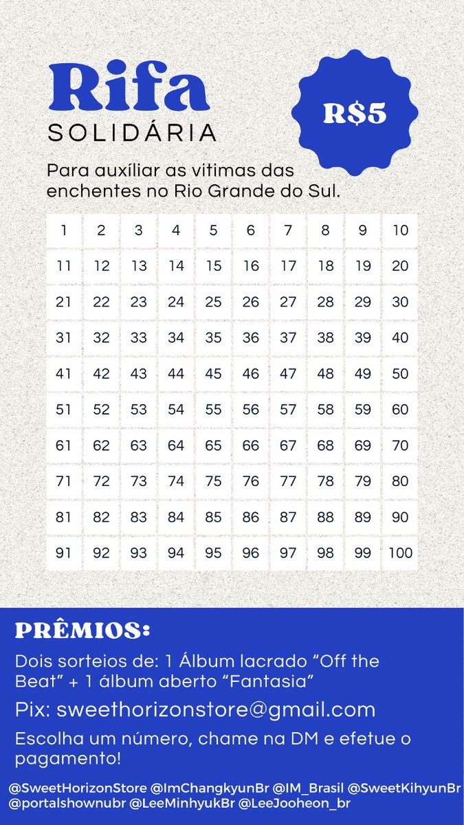 ‼️⚠️ MONBEBES ATENÇÃO ⚠️‼️ 

As fanbases do Monsta X e a <a href="/SweetHorizonSt/">Sweet Horizon Store®</a> estão em parceria para a realização de uma Rifa Solidária para ajudar as vítimas das enchentes no Rio Grande do Sul. 

⬇️