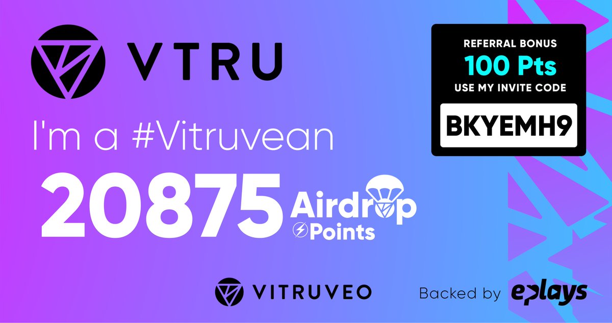 I’m a #Vitruvean!!! Check out my #VTRUairdrop points which I can redeem for $VTRU, the native coin of Vitruveo's L1 blockchain.

Use my referral code to grab an easy 100pts #LetsVitruveo #LFV #airdrop @vitruveochain @eplays_web3 airdrop-api.vitruveo.xyz/profile/0xe330…
