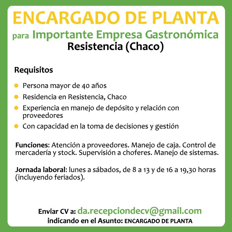 🟢⚫️ #RESISTENCIA - Empresa Gastronómica busca #ENCARGADO DE #PLANTA

👉 Enviar CV a: 📧 da.recepciondecv@gmail.com indicando en el Asunto: ▪️ENCARGADO DE PLANTA▪️

#TNEA #Chaco #empleoar #trabajoar