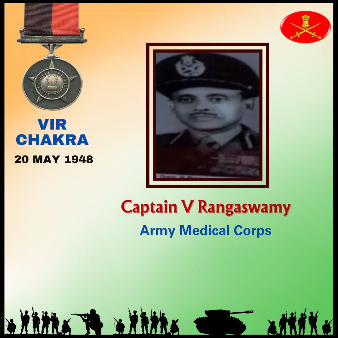 Captain V Rangaswamy Army Medical Corps 20 May 1948 Jammu and Kashmir Captain V Rangaswamy displayed undaunted courage and exemplary leadership in the face of the enemy. Awarded #VirChakra. Salute to the War Hero! gallantryawards.gov.in/awardee/1647