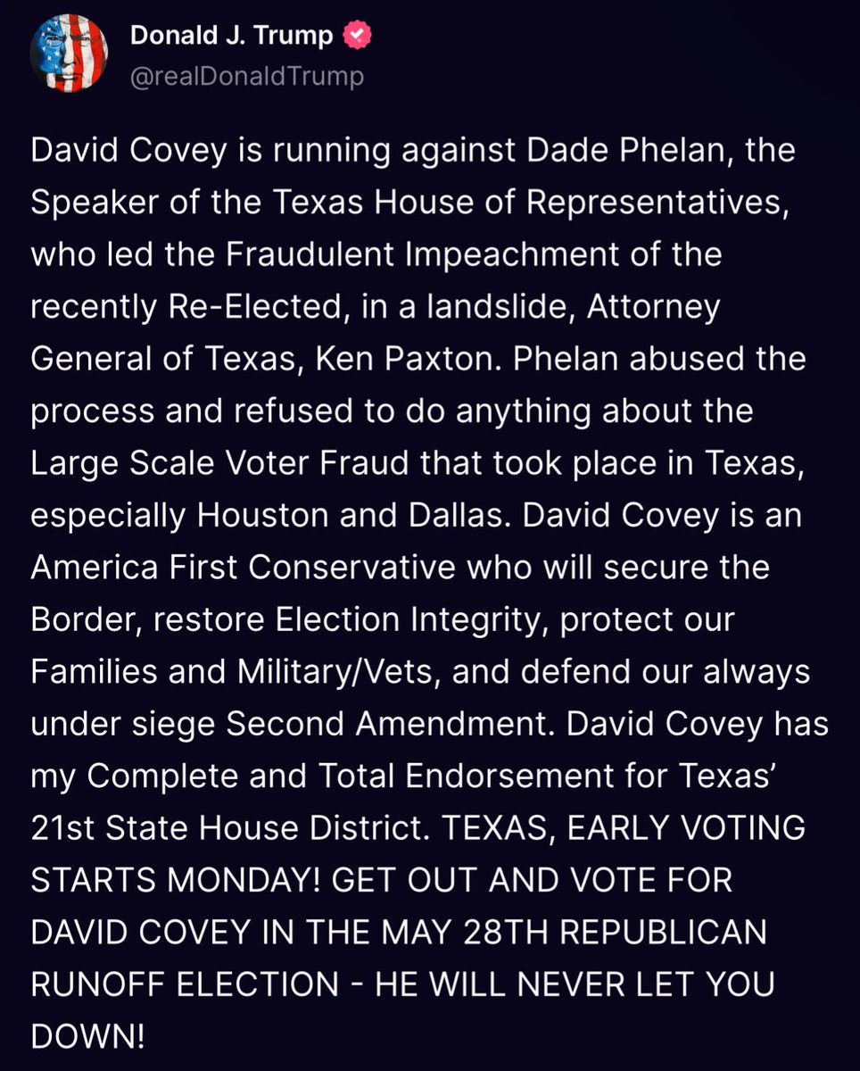 Trump just endorsed the primary challenger to Dade Phelan, the RINO who led the effort to impeach Ken Paxton