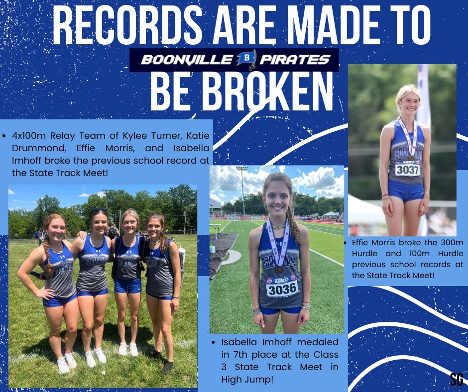 Big things happened all around at the State Track Meet this weekend!  Congratulations to Bella Imhoff for medaling in High Jump, to Effie Morris for breaking the school records in the 100m and 300m Hurdles, and to the 4x100m Relay Team of Turner, Drummond, Morris, and Imhoff for