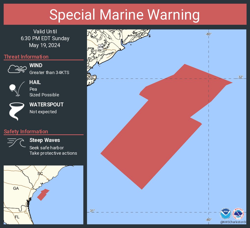 Special Marine Warning including the Waters from Savannah GA to Altamaha Sound GA extending from 20 nm to 60 nm and Waters from Edisto Beach SC to Savannah GA extending from 20 nm to 40 nm until 6:30 PM EDT