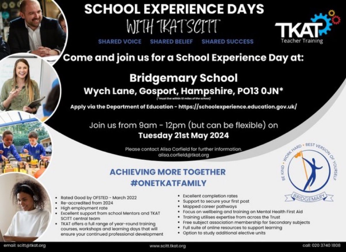 Cone and join us @Bridgemary_Sch on Tuesday 21st May for a School Experience Day.
#oneTKATfamily #getintoteaching