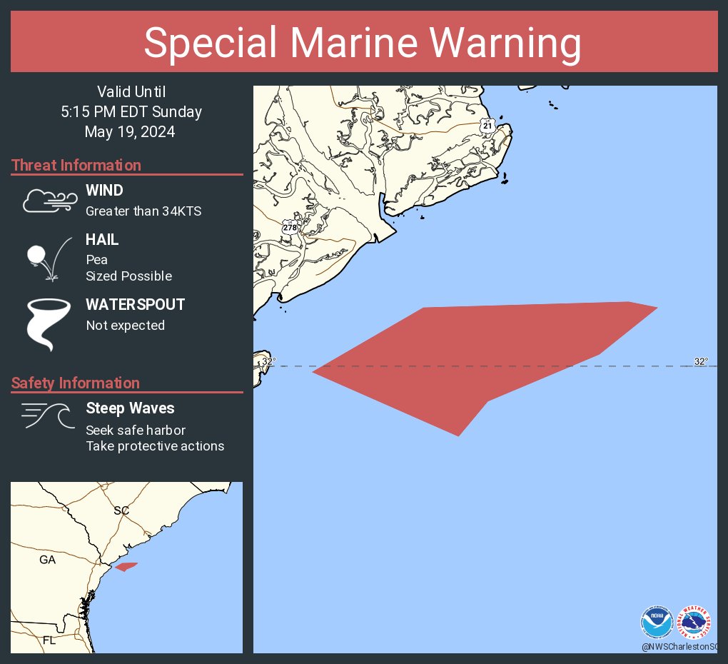 Special Marine Warning continues for the Coastal waters from Edisto Beach SC to Savannah GA out 20 nm until 5:15 PM EDT