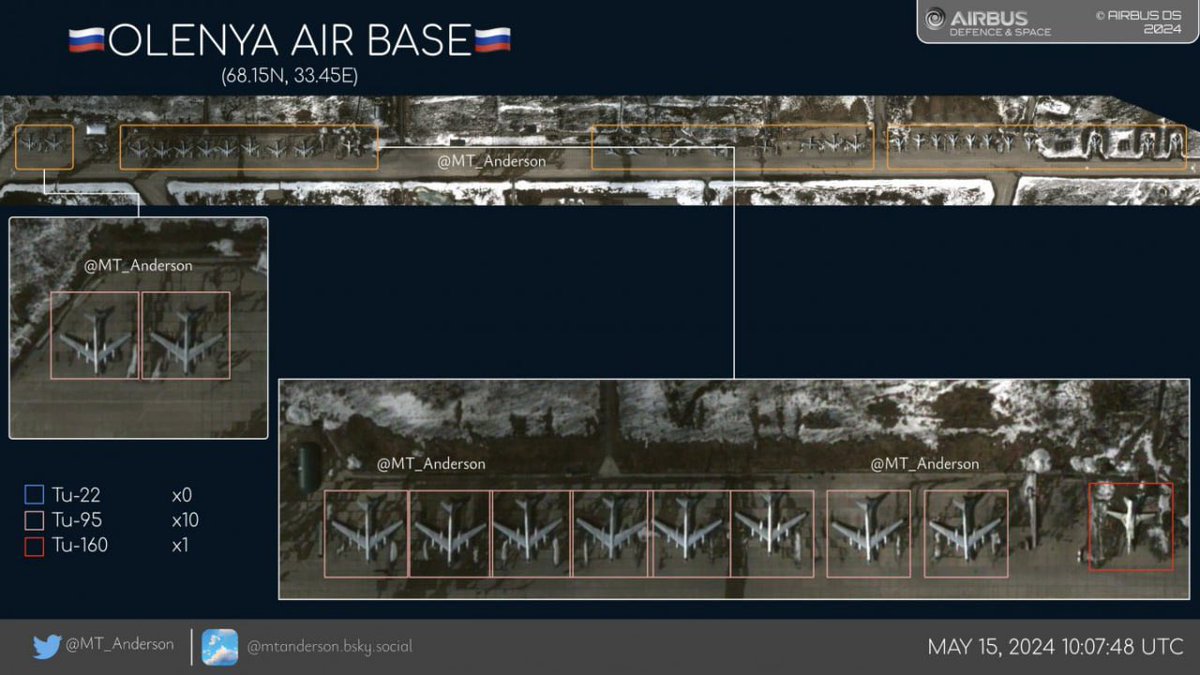 ❗️ Russians have assembled a third of the combat-ready bombers Tu-95MS and Tu-22M3 at the Olenya base - Defense Express Satellite images confirmed the presence of 12 Tu-95MS, 13 Tu-22M3, one Tu-160, and two An-12 aircraft.