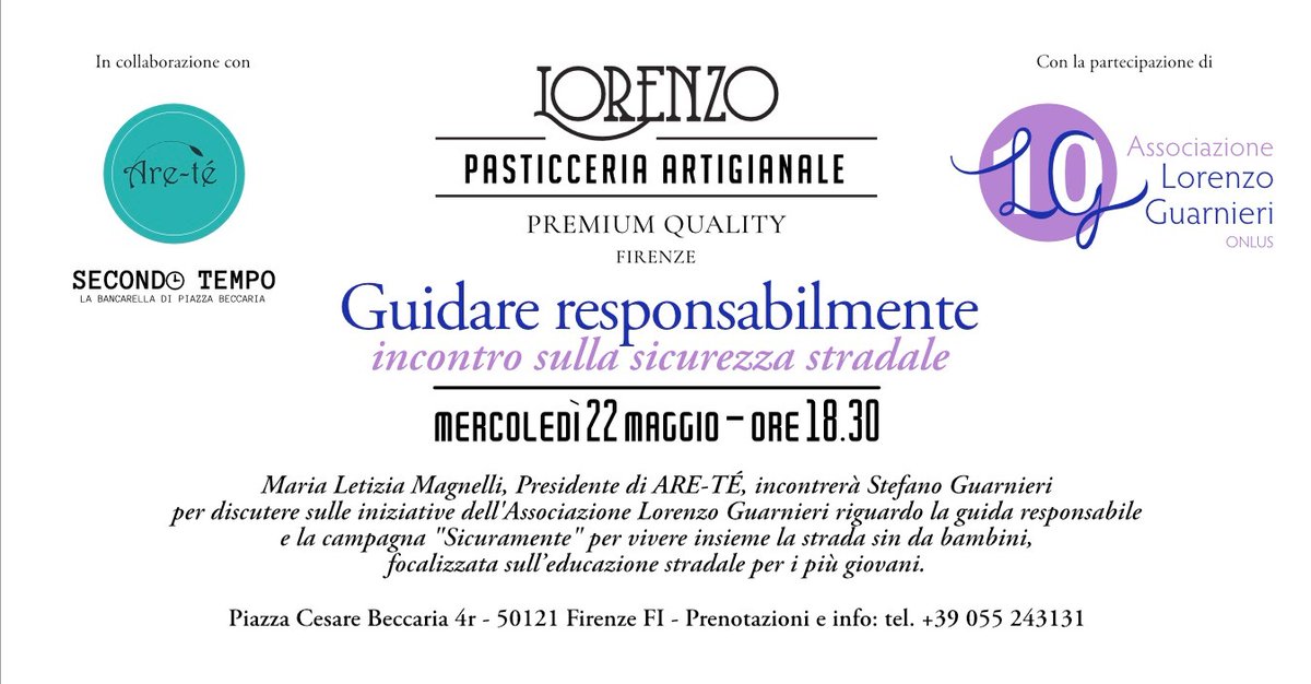 Vi aspettiamo mercoledì 22 maggio alle 18.30 presso la pasticceria Lorenzo in Piazza Beccaria a Firenze per parlare di #SicurezzaStradale e del gioco 'Sicuramente'. Grazie all'associazione Associazione Culturale 'Are-té' e a @MariaLetizia3  per l'organizzazione.