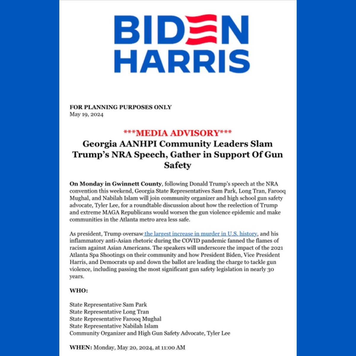 In the wake of Trump’s speech to the NRA this weekend, join Georgia’s #AANHPI leaders on Monday 5/20 to discuss the Biden-Harris administration’s historic work on gun safety, and how Trump’s extremist GOP agenda will make our community less safe. RSVP: docs.google.com/forms/d/e/1FAI…