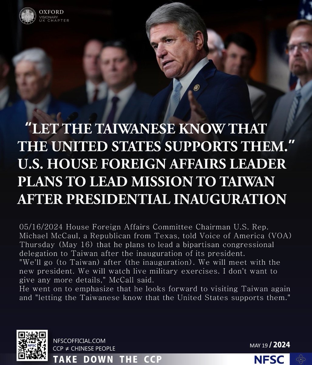 himalaya7nfsc's tweet photo. "Let the Taiwanese know that the United States supports them."U.S. House Foreign Affairs Leader Plans to Lead Mission to Taiwan After Presidential Inauguration
05/16/2024 House Foreign Affairs Committee Chairman U.S. Rep. #Michael #McCaul, a Republican from Texas……. https://t.co/L4ciIAJUTZ