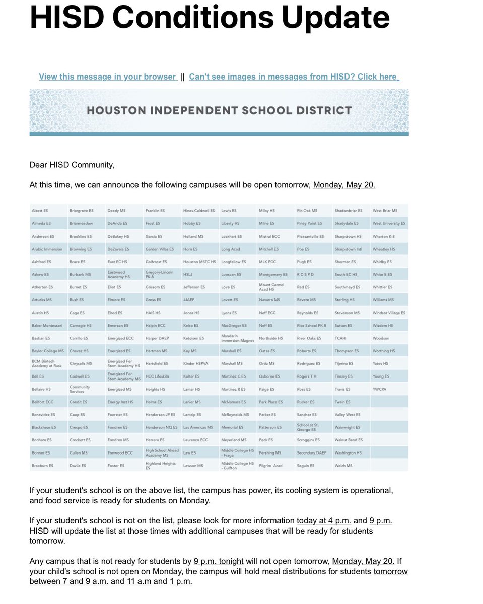 Please see the list of open schools in HISD for Monday, May 20th.