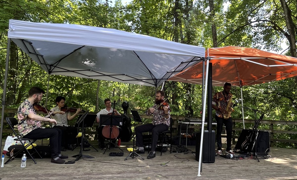 A hot but great afternoon at <a href="/wesselmanwoods/">Wesselman Woods</a> with our New Traditions final performance of the 2023-2024 season with the Eykamp String Quartet and Monte Skelton!  What a wonderful musical collaboration! Thanks to Dick &amp; Diane Arneson for their sponsorship of this Diversity Series.
