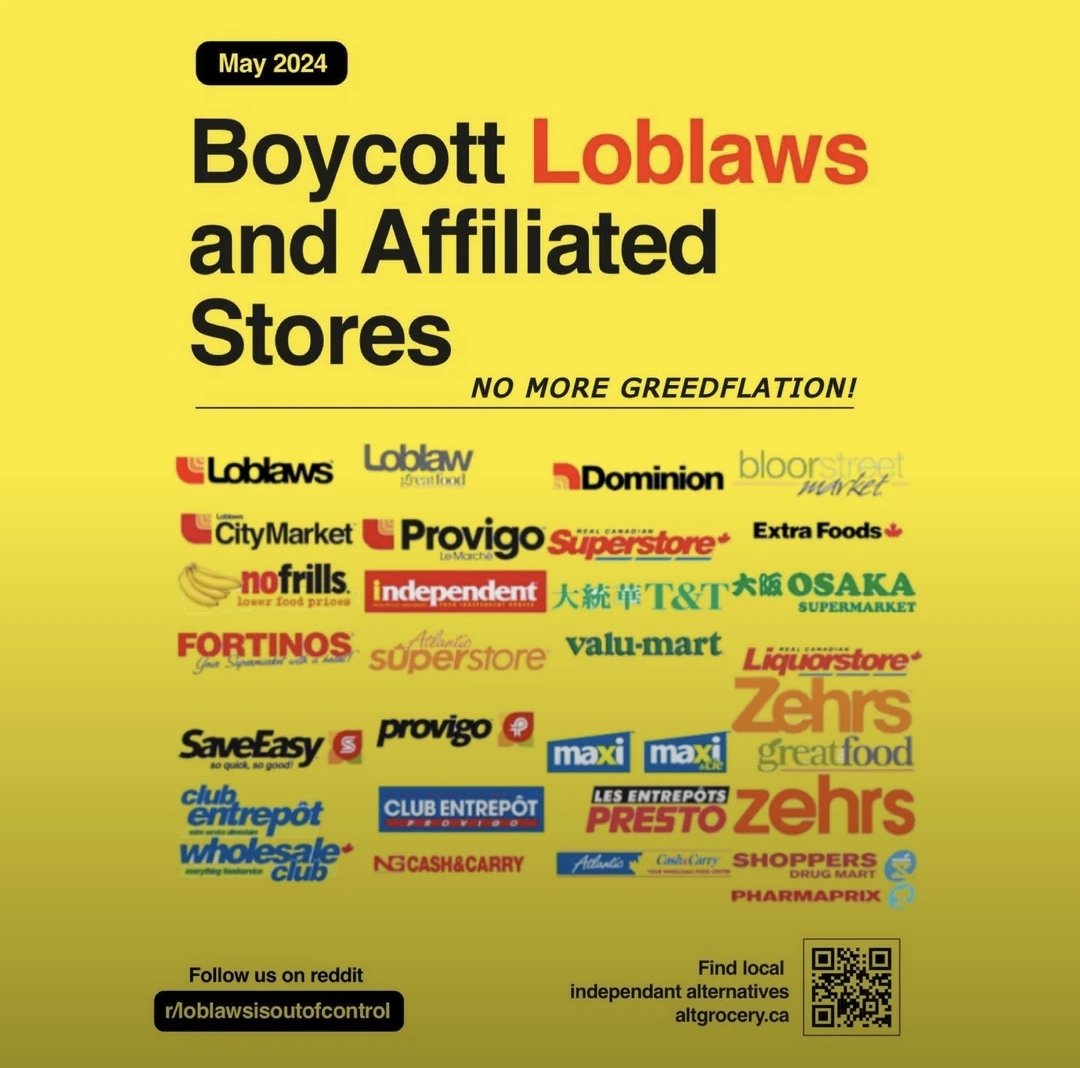 Day 19
News recently about Loblaws. Treating their employees like trash cutting their hours, they somehow decided to sign the National Grocery Code of Conduct for some unknown reason & they're lying saying the boycott's not working. 

#LoblawsIsOutOfControl #BoycottLoblaws