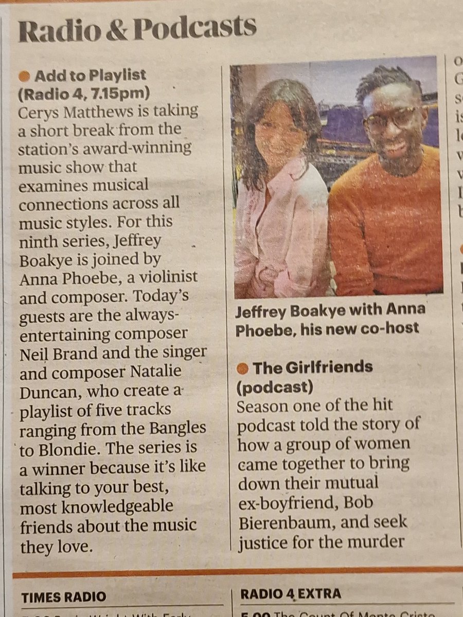 Thank you @thetimes for this nice preview in Culture today! We couldn't agree more! #AddToPlaylist @AnnaPhoebe @jeffreykboakye. This Fri, 1915, @BBCRadio4. If you've never tried it, give it a go! 📻🎶