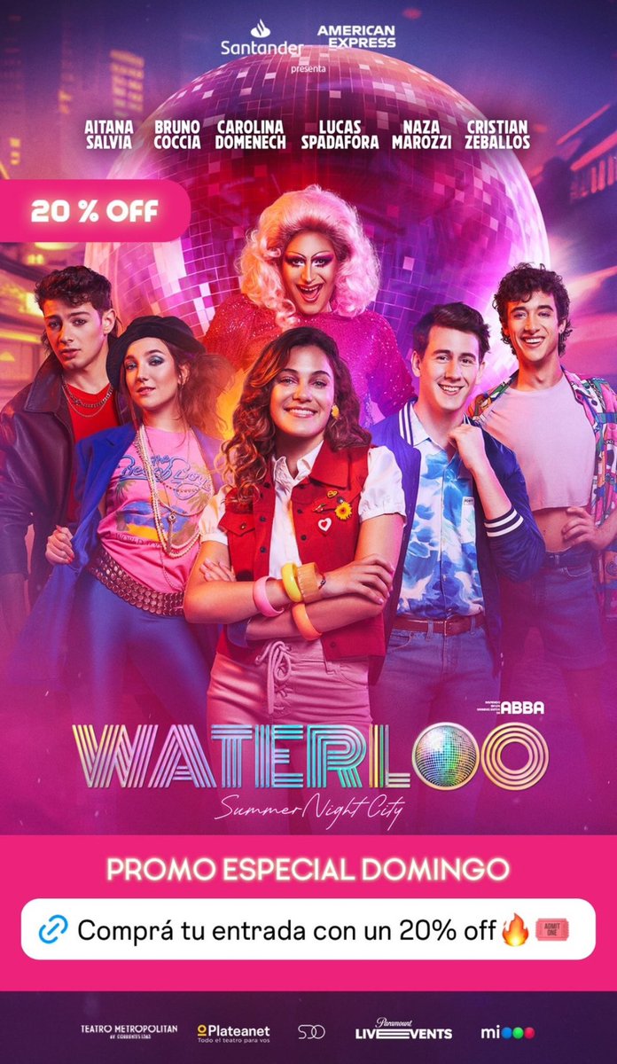 Hoy 20% OFF. Busca el link en storys de IG @waterlooelmusicalok 🕺💃🪩