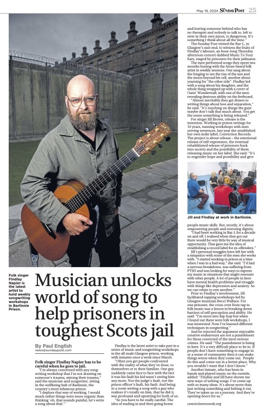 Thanks to @PaulEnglishhack for the piece in today's @Sunday_Post about the songwriting workshops we've been delivering in Glasgow's HMP Barlinnie. We engaged @findlaynapier to lead the @CreativeScots-funded workshops. Thanks also to @scottishprisons. #music #offenders #prison