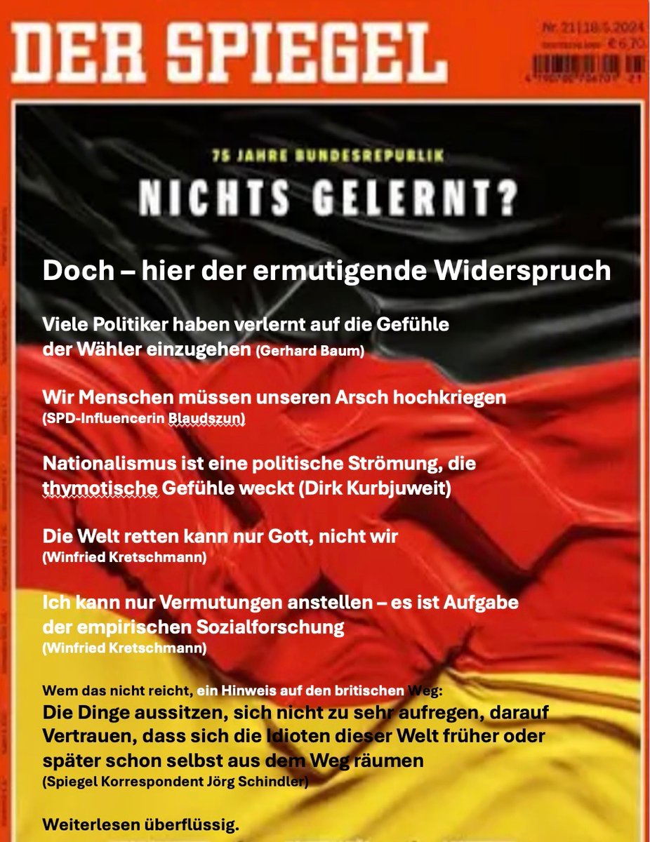 Rückkehr der Geschichte: 75 Jahre Bundesrepublik – und nichts gelernt?
Ich habe für Sie das Gelernte - laut d. Ausgabe - kurz zusammengefasst. 
Es ist sicherlich noch etwas Luft nach oben. Warum nicht mit Sozialpsychologie aktualisieren? 
Es muss ja nicht nur Empirie sein. 🤣