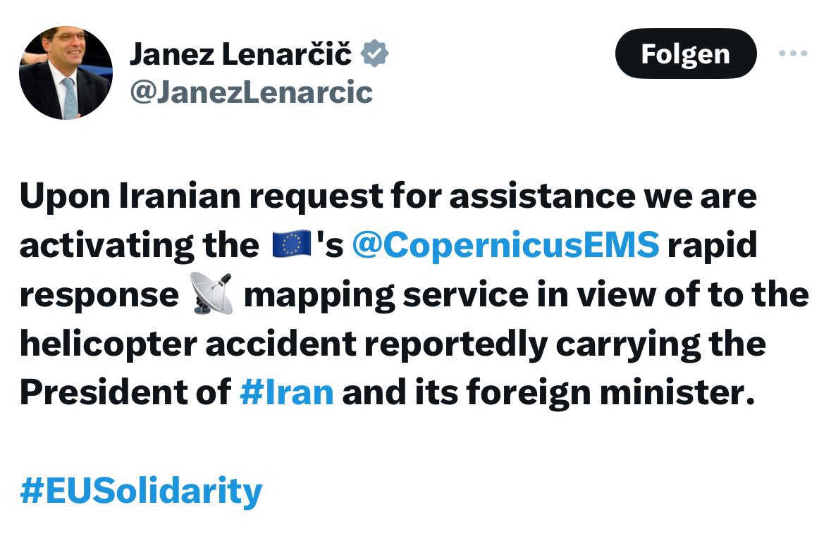 „EU Solidarity“ mit dem iranischen Terrorregime? In ganz #Iran wird der mögliche Tod von #Raisi gefeiert, während ranghohe EU-Vertreter sich solidarisch mit dem diktatorischen Verbrecher und dem Mörderregime erklären, dass #EU Staatsbürger als Faustpfand hält. Shame on you.