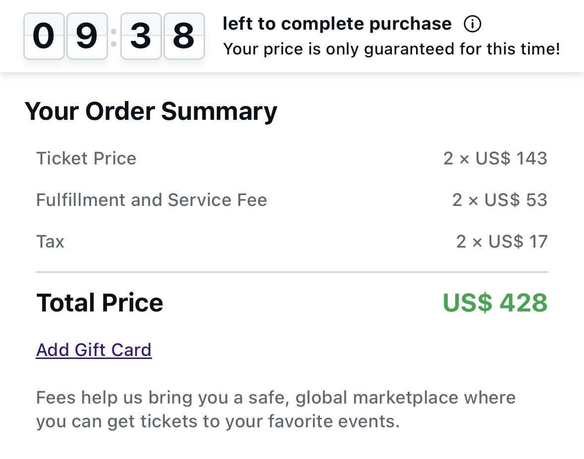 This is why everyone hates the ticket industry.

This is the checkout process on StubHub for the cheapest ticket to the Falcon’s home opener.

Before fees: $143

With “estimated fees”: $197

* take 7 steps to checkout*

Actual price: $214

A 49% increase from the price you