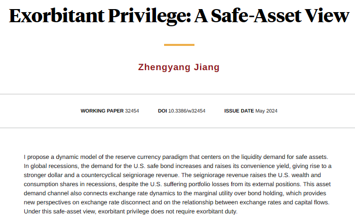 A new aspect of the “US as the world's banker” narrative focusing on seigniorage revenue from safe asset provision. In this view, exorbitant privilege does not require exorbitant duty, from @ProfJiang nber.org/papers/w32454