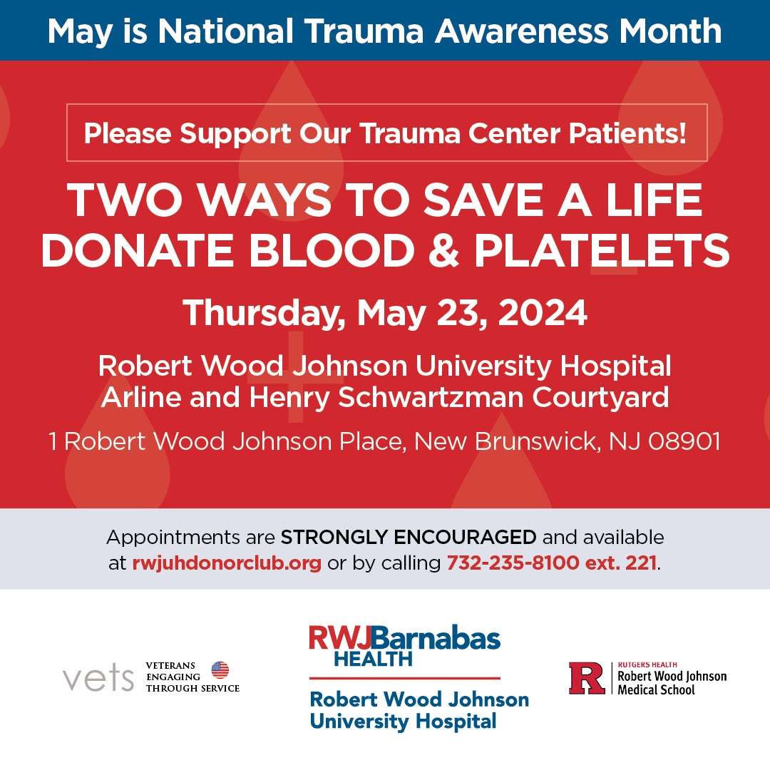 May is Trauma Awareness Month, and we are urging all eligible donors to help ensure lifesaving blood is available for patients with traumatic injuries and other serious medical needs by donating blood. Make an appointment today.