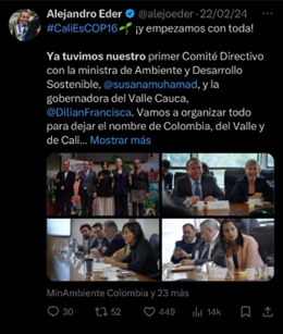 La ex ministra @mayoloangelica, presuntamente, ha representado a la administración de Santiago de Cali ante delegados de la ONU y @MinAmbienteCo, entre otros, en todo lo relacionados con la #COP16 como se evidencia en las publicaciones de @AlcaldiadeCali y las del mismo alcalde