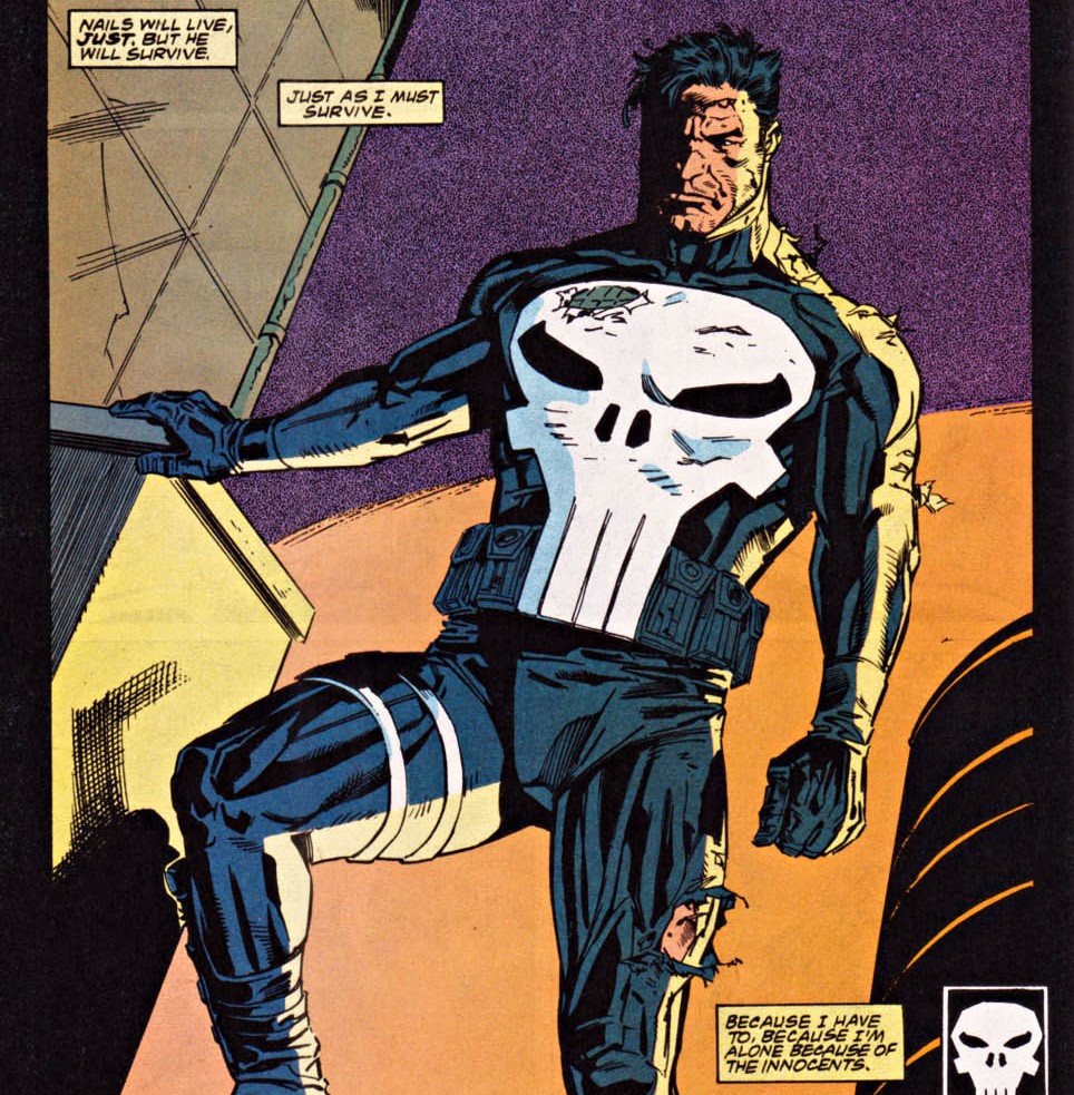I have to say this is one of my favorite Punisher designs to this day. That big fat skull in his chest, and his suit being all 'black/dark blue', boots and gloves. This should be his standard design. Great artwork by Braithwaite. #punisher #thepunisher