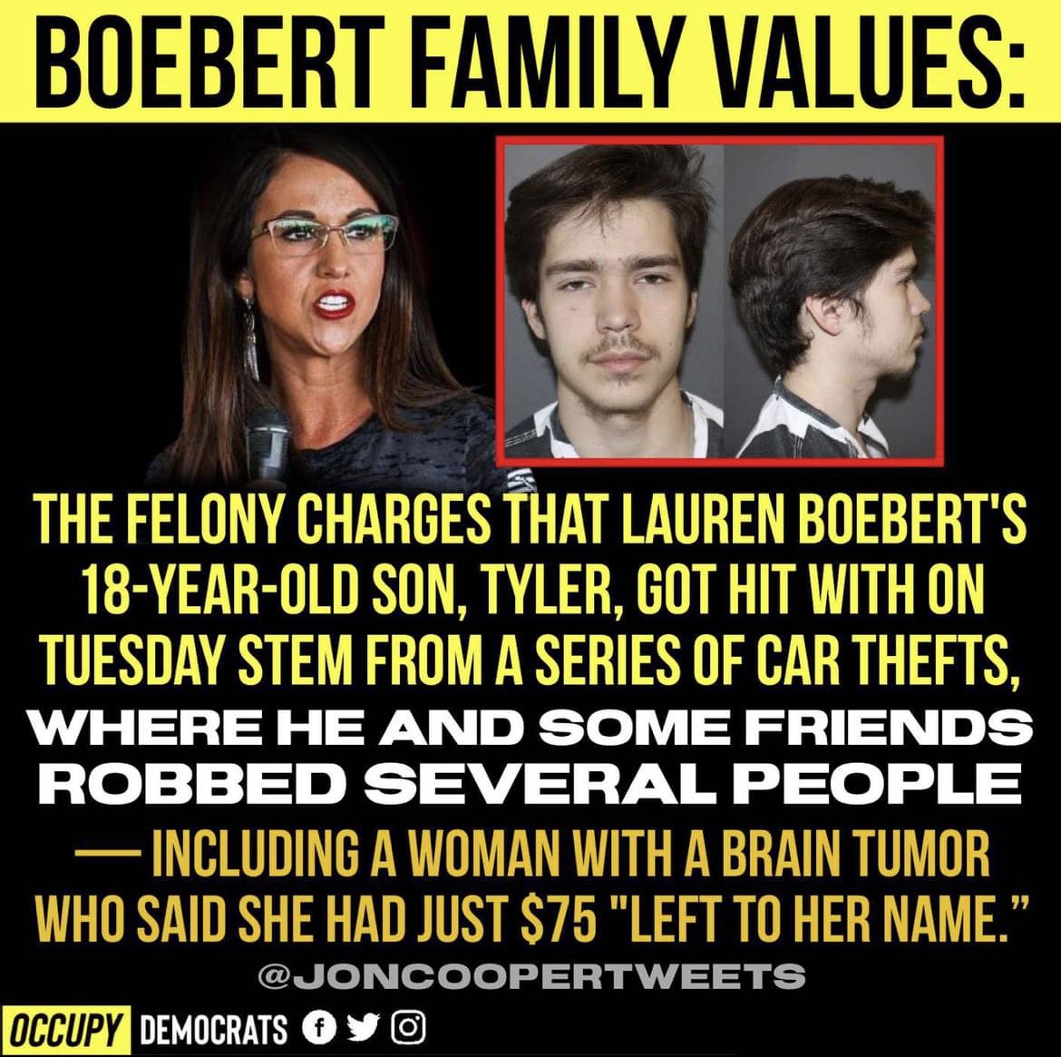 @laurenboebert Unfortunately you can’t support your own kid as much as you support Trump. Are the priorities in the felony count? Trump - 88 Felonies Tyler - 20 Felonies