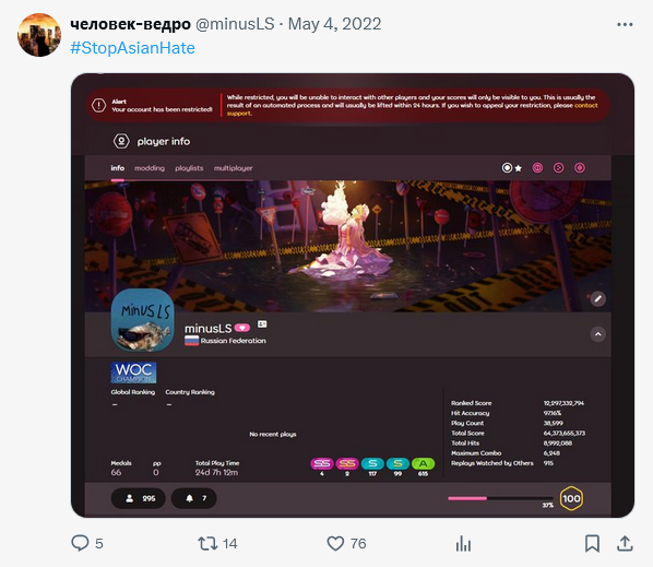 wal4t's tweet photo. @Ogosuuu Friendly reminder that my friend minusLS got restricted for 1 (one) nword in a tweet critisizing mappools, but whatever, top player privilege or something ig https://t.co/Hw4U8uodnd