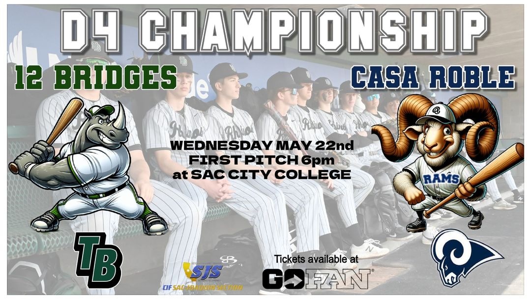 Stage is set D4 Championship 
May 22nd @ Sac City College Union Field.
First pitch ⚾️ 6pm
Rhinos and Rams
🖤🦏⚾️💚💙🐏⚾️🖤sacity