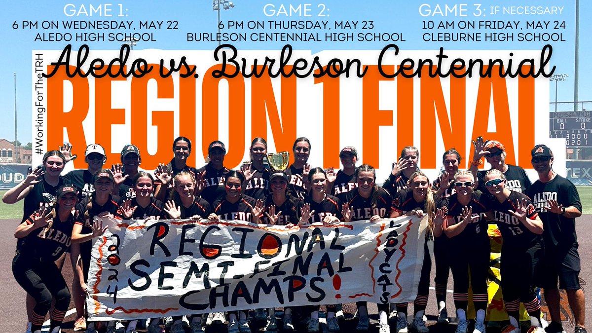 REGION 1 FINAL! Pack the Park - #Ladycatsoftball is playing for a trip to STATE!

Aledo🆚Burleson Centennial
Game 1⃣: 6PM Wed 5/22 @ Aledo HS
Game 2⃣: 6PM Thurs 5/23 @ Centennial HS
Game 3⃣ (if necessary): 10AM Fri 5/24 @ Cleburne HS

#workingfortheTRH @AledoAthletics