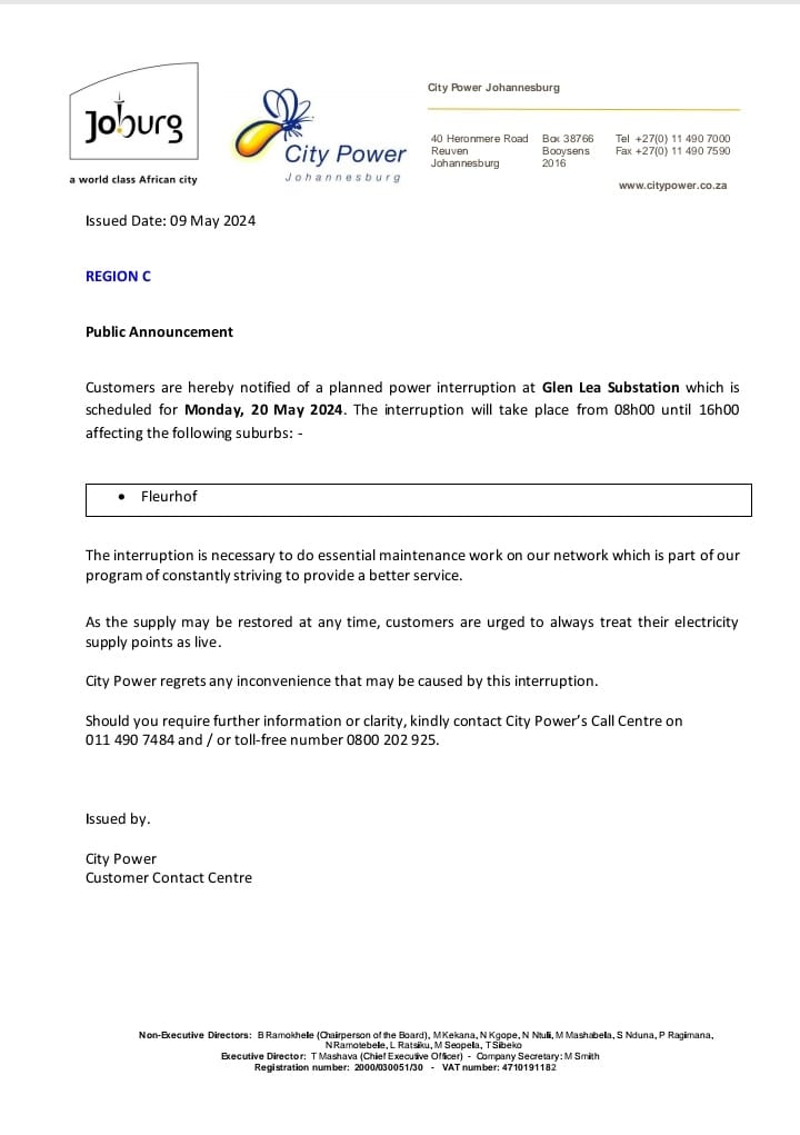 #CityPowerUpdates #PlannedMaintanance #RoodepoortSDC Customers are reminded of a planned power interruption at Glen Lea Substation which is scheduled for Monday, 20 May 2024.^NH