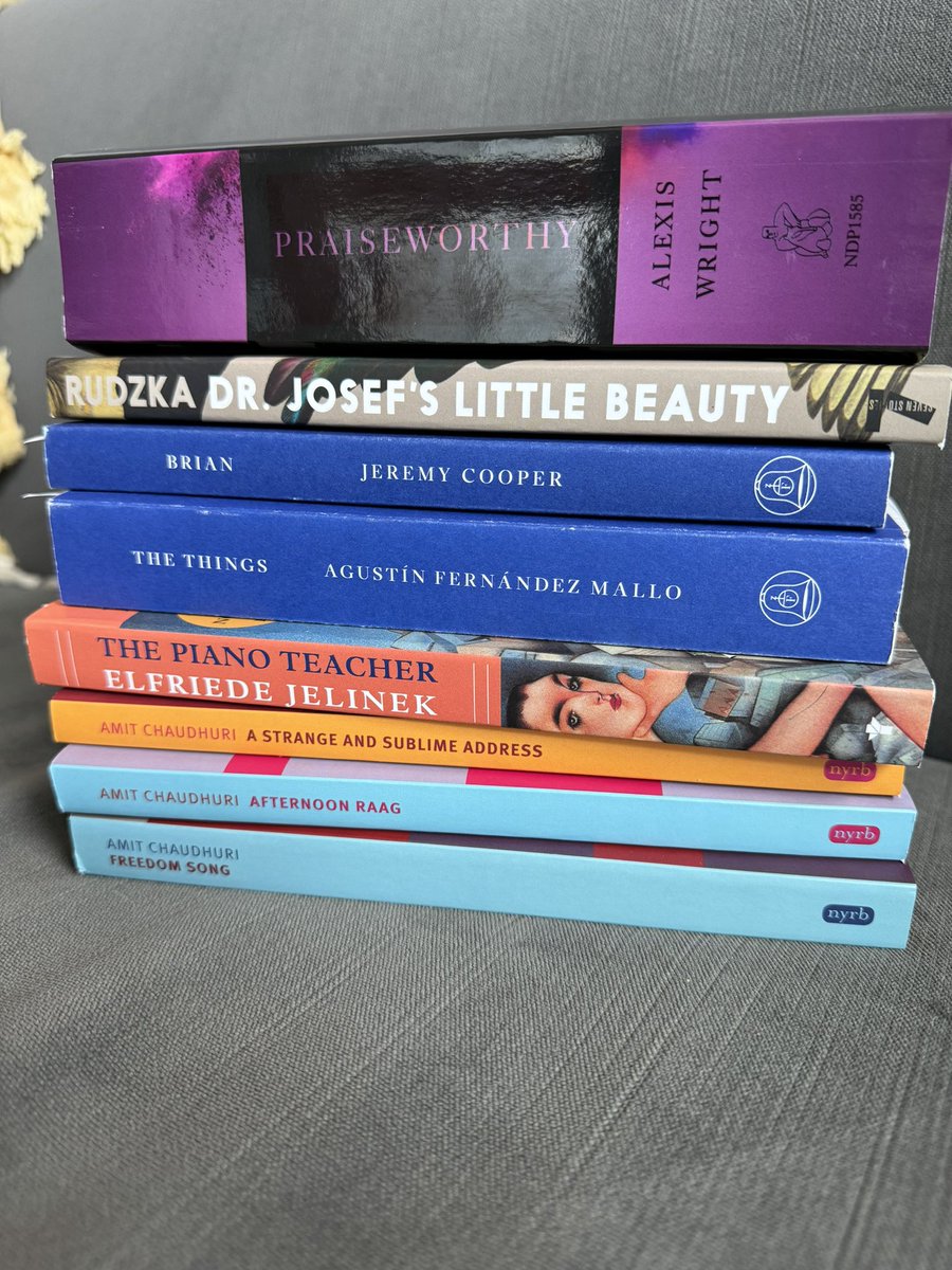 Book haul for the day. The Mallo was a surprise find, wasn’t expecting to come across that today. I’ve been meaning to read THE PIANO TEACHER for years, still haven’t read Jelinek. This copy of PRAISEWORTHY is for our friend @joiedevivre9 because she is the best!!