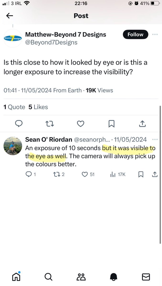 jermo0586's tweet photo. @cfinneganphoto @faoliveiraphoto @seanorphoto @greybell_vr Looks like he adds that what he captured with a 10 second exposure was visible to the eye as well to me. 🤷🏼‍♂️ Call it semantics. I just disagree with the presentation. You can be as angry as you like by it but I’m good on all the wasted time. Bye boo https://t.co/vPg889gwdh